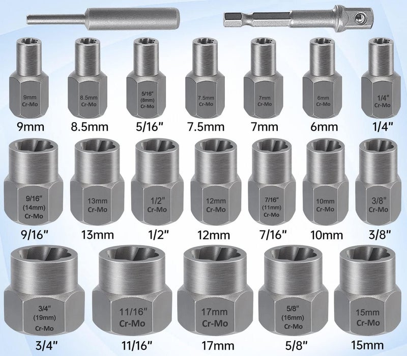 XEWEA 21PCS Bolt Nut Extractor Set, 3/8" Drive Easy Out Broken Lug Nut Extraction Remover Socket Set for Damaged, Frozen,Studs,Rusted, Rounded-Off Bolts & Nuts Screws - Image 3